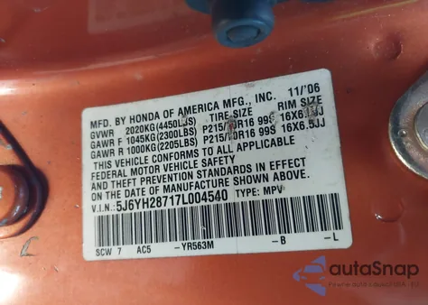 2007 Honda Element Ex z USA, uszkodzony, nr VIN 5J6YH28717L004540